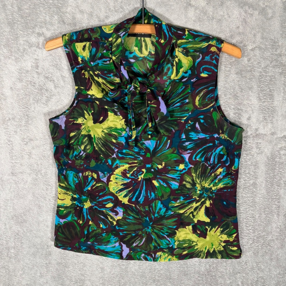 New York & Company Womens Small Green Floral Sleeveless Tie Neck Blouse Office